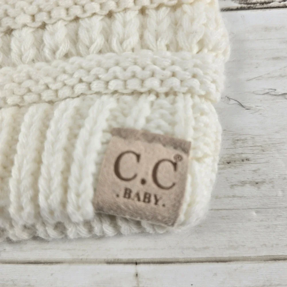 C.C Baby Beanie Cream Off White Cable Knit Winter Hat Infant Toddler CC Logo